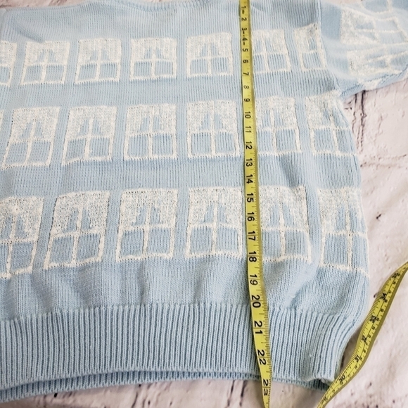 Vintage White Stag Short Sleeve Sweater Baby Blue & White Window Design VGUC M - Picture 9 of 11